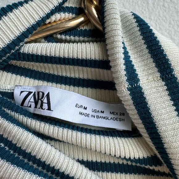 Zara Nautical Stripe Teal Blue Ribbed Turtleneck Size Medium Lightweight Stretch - Picture 2 of 4